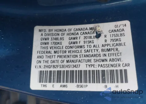 2014 Honda Civic Lx z USA, uszkodzony, nr VIN 2HGFB2F53EH513427